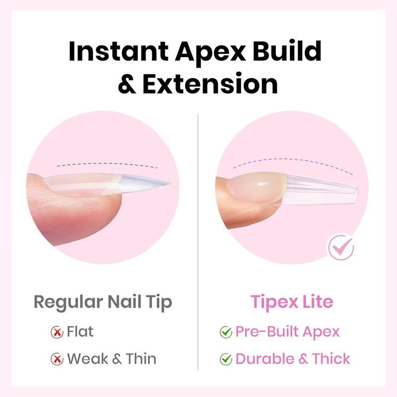 Beetles Tipex Lite Instant Apex Nail Tips, Long Coffin, 16 Sizes | 00–14, Built-in Apex Acrylic Tips for Flat & Natural Nail Beds, Beginner-Friendly Easy DIY Nail Extensions