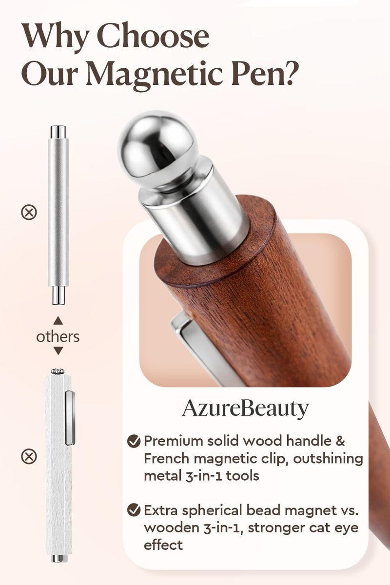 AzureBeauty 4-in-1 Cat Eye Magnet for Nails，Wooden 3-Head Nail Magnet Pens with Round Ball, Multi-Function Nail Magnets for Cat Eye Gel Polish DIY at Home Salon (Magnet Only, No Gel Included)