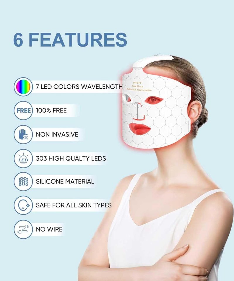 EVFOFO Red Light Therapy Mask - Cordless LED Face Treatment for Skin Rejuvenation & Anti-Aging | USB Rechargeable