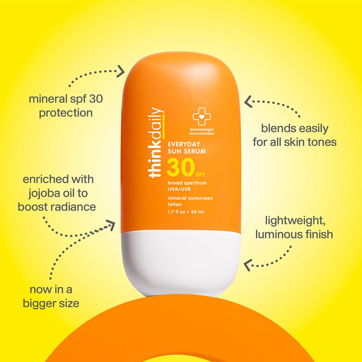 Thinkdaily SPF 30 Face Sunscreen Serum 1.7 oz, Mineral Sunscreen with Non-Nano Zinc Oxide 22%, UVA/UVB Protection, 80-Minute Water & Sweat Resistant, Lightweight Luminous Finish, Reef Friendly