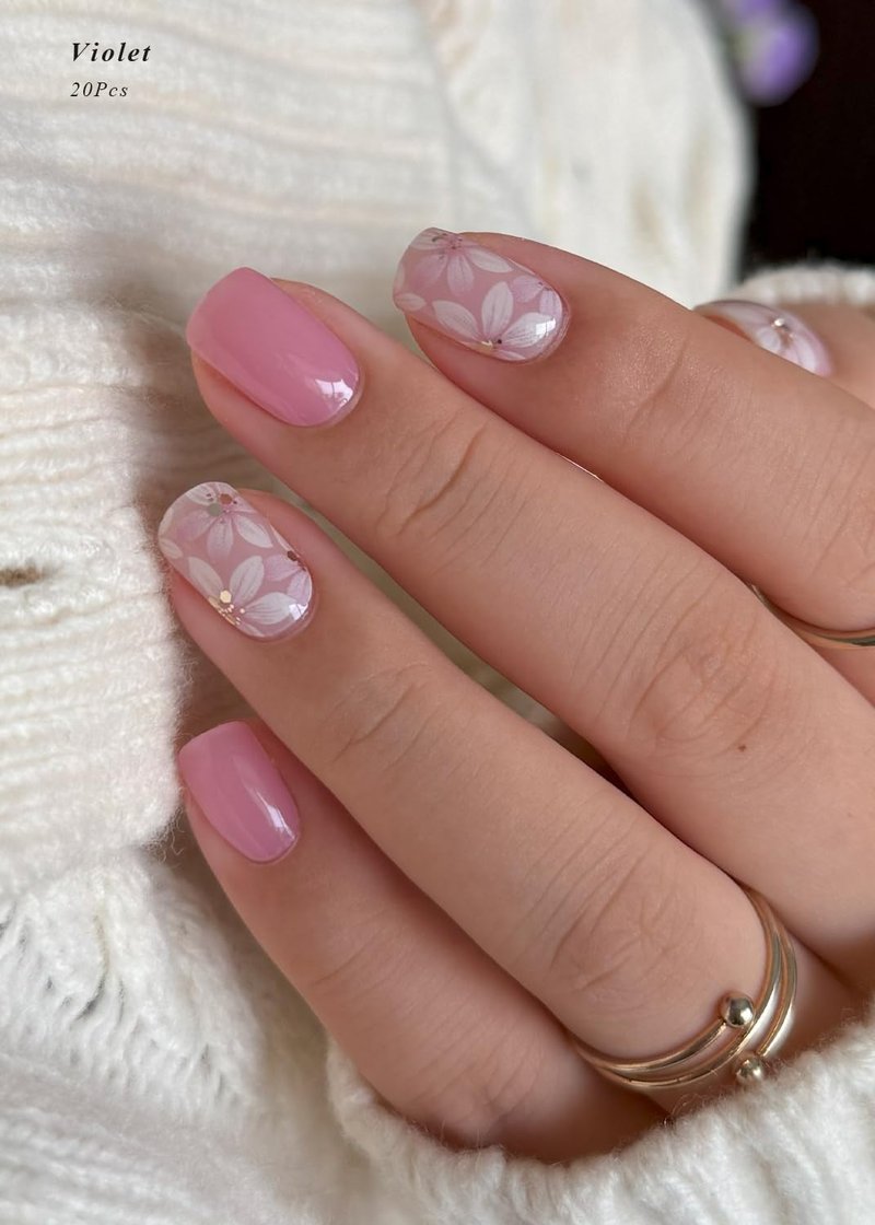 AutyaMee Semi Cured Gel Nail Strips (Violet), Pink Flower, 20 Pcs Gel Nail Wraps, Stickers, Salon Quality, Long Lasting, Works with Any UV Lamps