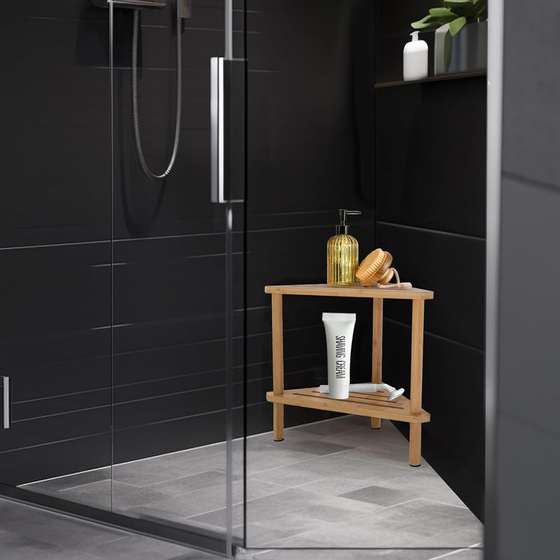 Shower Foot Rest - Waterproof Bamboo Shower Stool for Shaving Legs | 15in Corner Design with Storage Shelf