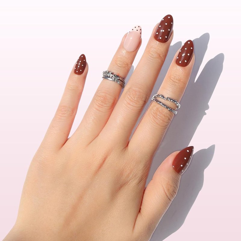 Press On Nails - Chocolate Sprinkle Polka Dot Short Almond | Reusable French Tip Glossy Finish, 16 Sizes - 32 Nail Kit for Women