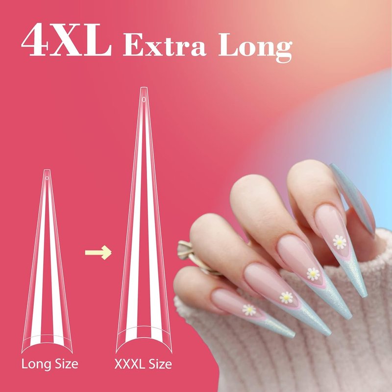 Lionvison 4XL Stiletto Nail Tips for Acrylic Nails Professional, 300Pcs Clear Nail Tips Half Cover Extra Long False Nails for Home Salon DIY, 12 Sizes