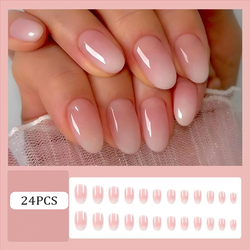 RUPOFUZA Almond Press on Nails Short Squoval Fake Nails Pink Ombre White False Nails with Glossy Press ons Designs Acrylic Press on Artificial Stick on Nails for Women 24Pcs