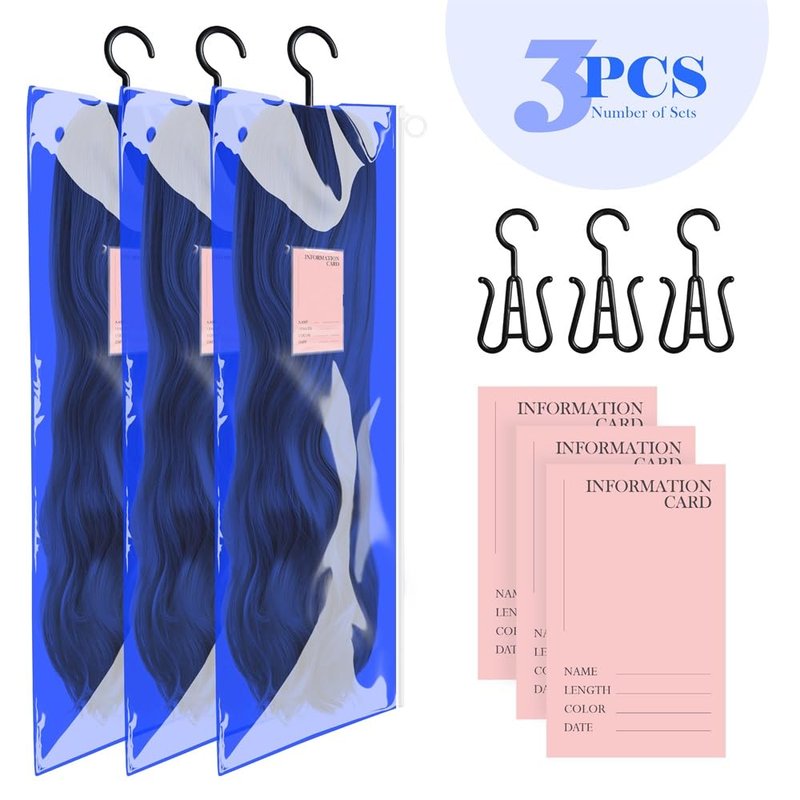 3PCS Wig Holder: Dust-Proof PVC Wig Storage Bag with Hook & Hook & Waterproof Feature, Perfect for Multiple Wigs, Transparent & Portable (Blue)