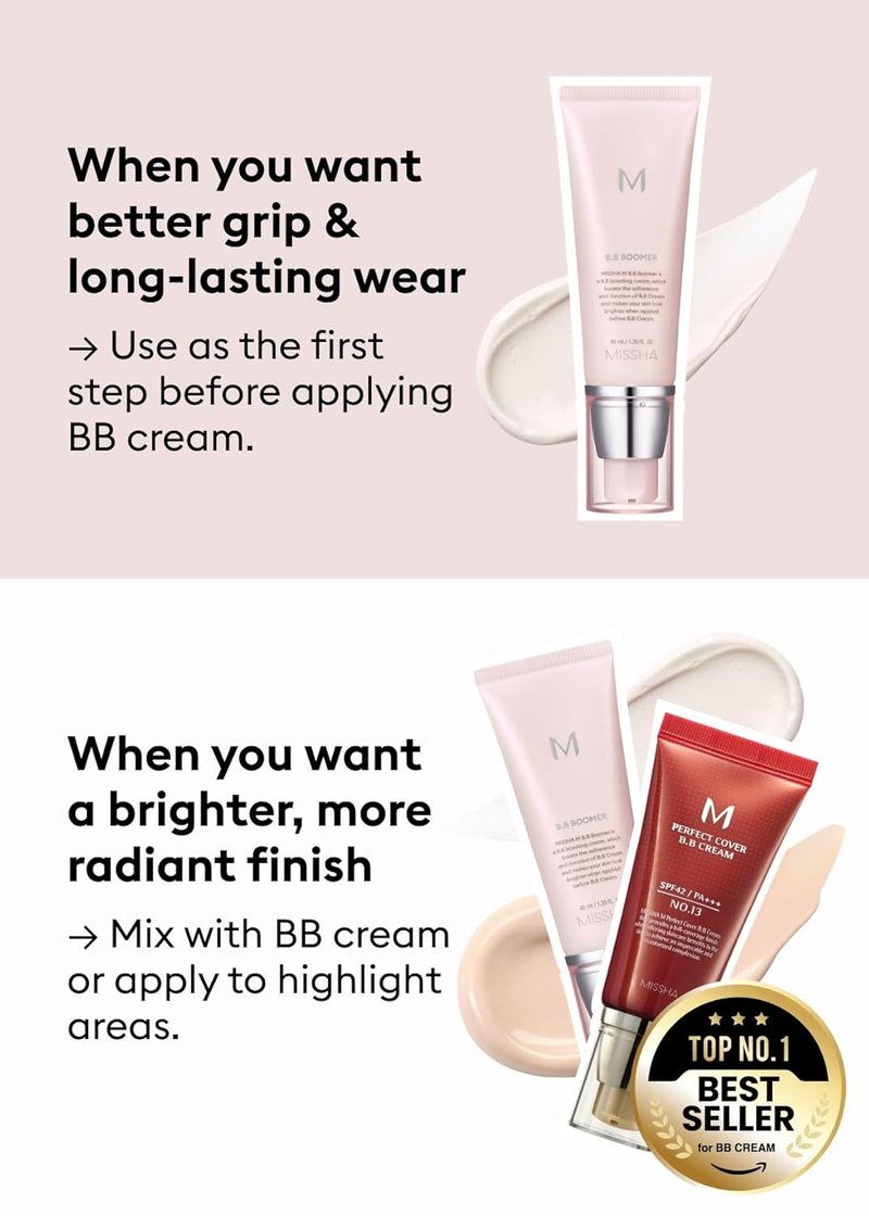 MISSHA M BB Boomer Primer - Illuminating Makeup Primer for Dewy Finish | Hydrating Cream, 1.35 Fl oz/40ml