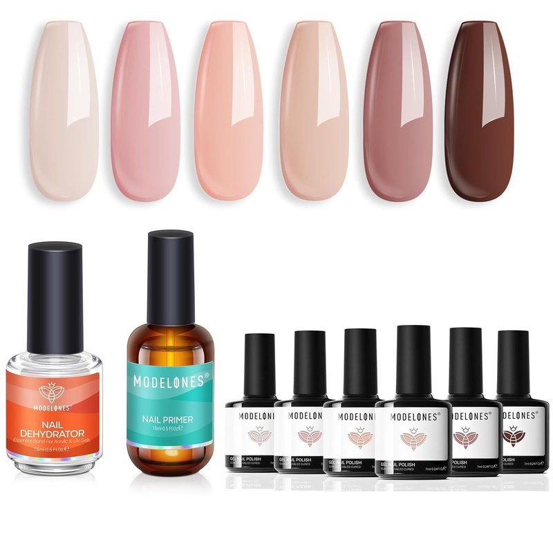 Modelones Nail Dehydrator & Primer Kit | 15ml Acid-Free Base Coat + 6 Brown Gel Polishes