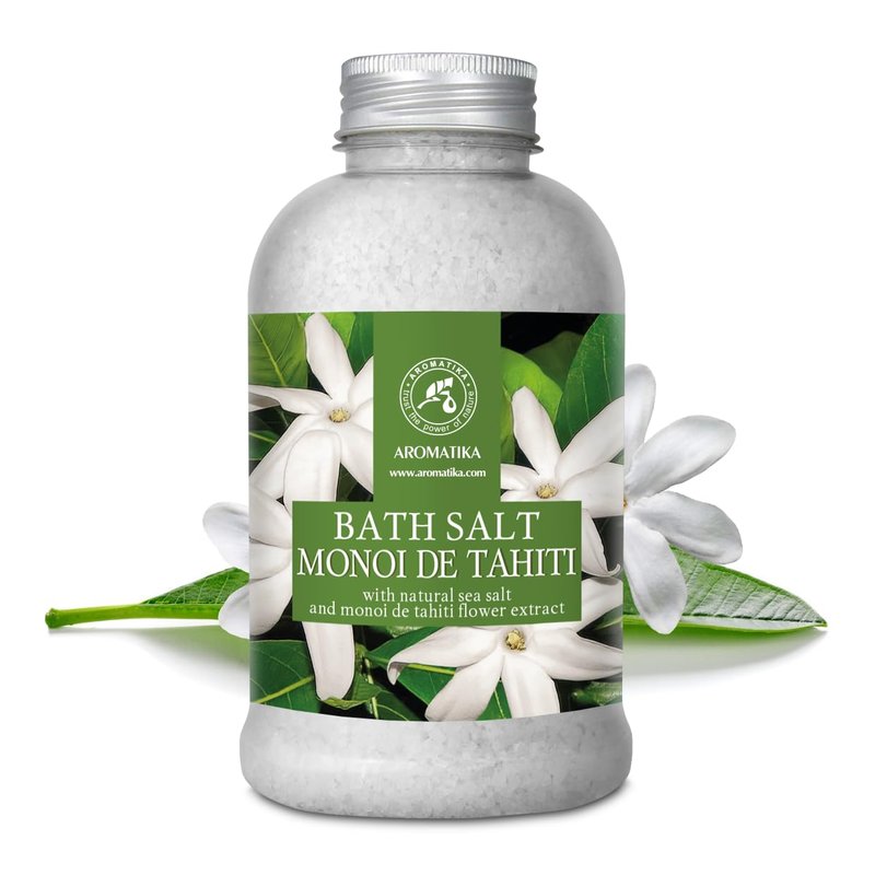 AROMATIKA Bath Salt Monoi de Tahiti 21.16 Oz (600g) - Coconut and Gardenia Flowers Scent - Relaxing Bath - Good Sleep - Aromatherapy - Sea Salt Bath
