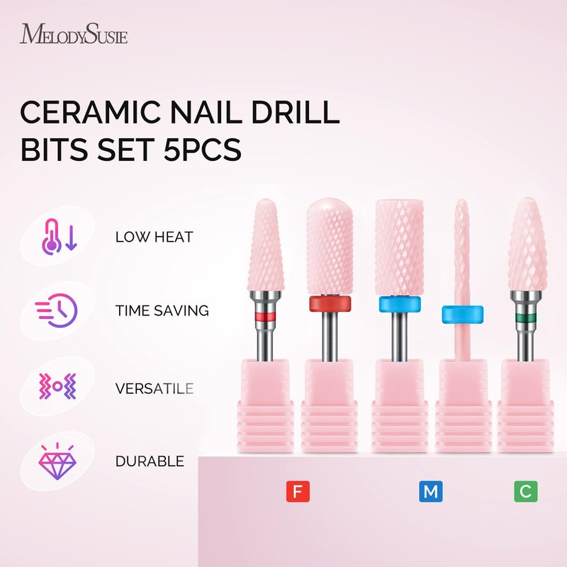 MelodySusie Ceramic Nail Drill Bits Set, 3/32'' (2.35mm) Professional Acrylic Nail File Drill Bit for Manicure Pedicure Cuticle Gel Nail Polishing, 5Pcs, Pink