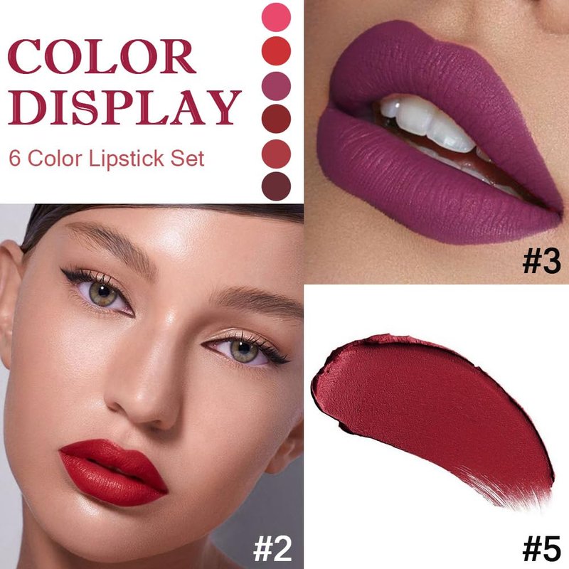Matte Lipstick Set - 6 Pcs Long-Lasting Waterproof Lip Color | Nude Pink, Dark Red, Purple, Wine Red, Plum