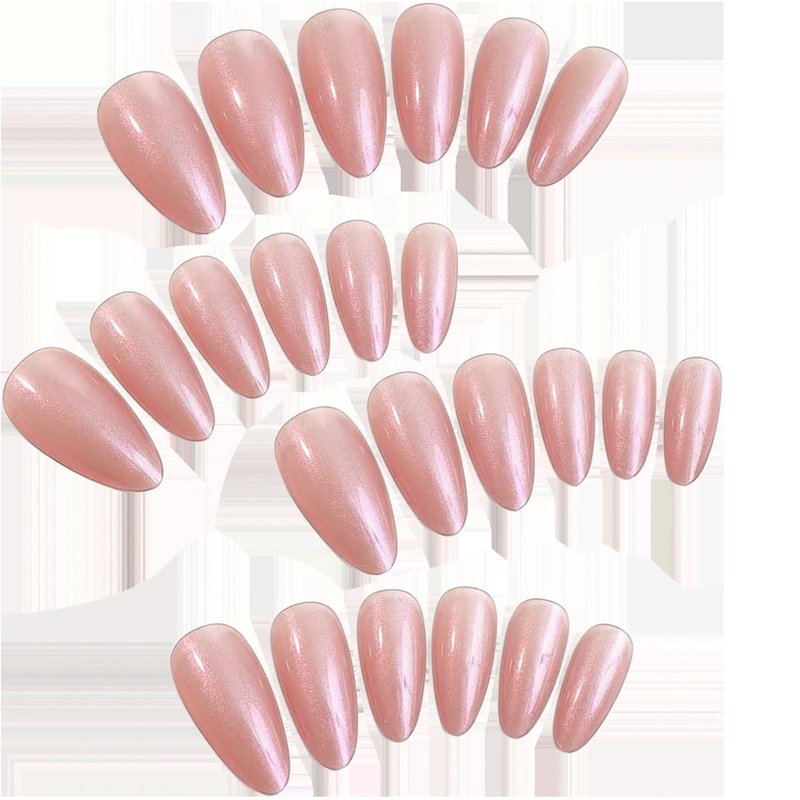 Skiennix 24Pcs Almond Press On Nails - Glossy Pearlescent Pink | Reusable Medium Length Acrylic Set for Weddings & Parties