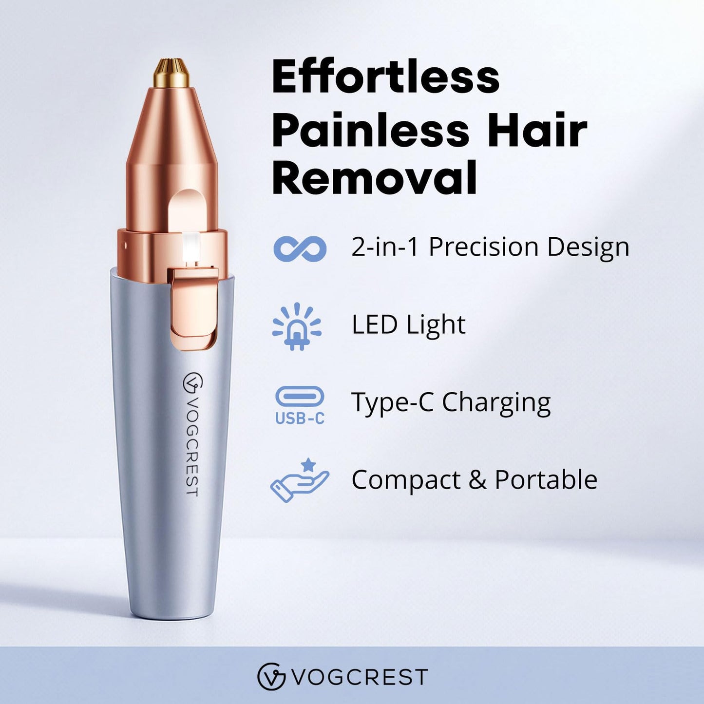 VG VOGCREST Eyebrow & Facial Trimmer: 2 in1 Rechargeable Facial Hair & Eyebrow Shaver - Painless LED Light (Sky Blue)