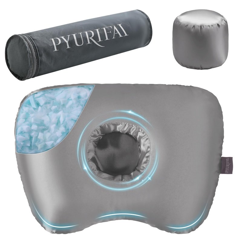 Piercing Pillow - Ear Piercing Pillow With Foam Plug, Adjust Shredded Memory Foam Picrcing Pillow For Side Sleepers, Donut Piliow For Ear With 4.5x4.5''Hole, Ergonomic Curved Design, Satin grey