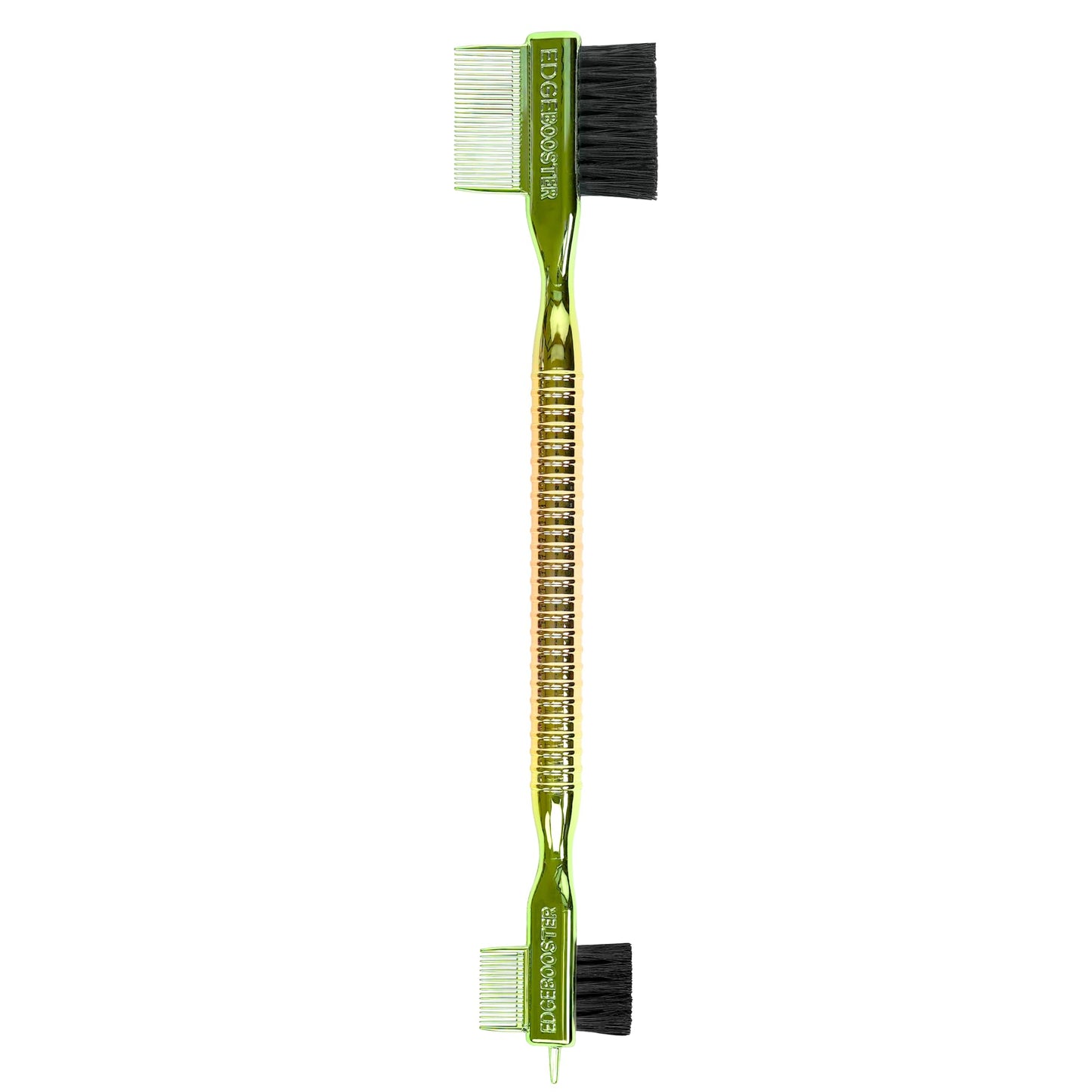 Style Factor EDGE BOOSTER Tri Brush Dual with Pin Tail – Double-Sided Edge Control Brush & Comb with Boar Bristles – For Edges, Slick Backs, Baby Hair Styling, and Taming Flyaways (Green Gold/Stripe)