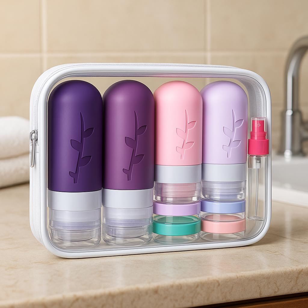 Tocelffe TSA Approved Travel Containers for Toiletries - Leak Proof Silicone Bottles, Refillable Liquid Travel Essentials for Shampoo, Conditioner, Lotion