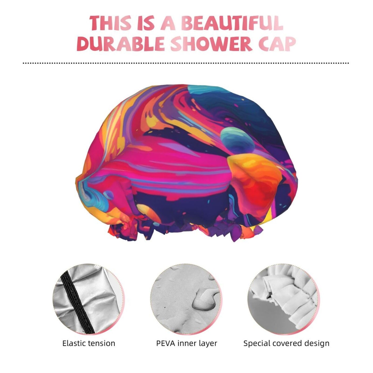 Art Universe Planets Shower Cap for Women Double Layer Waterproof Reusable Shower Caps Adjustable Elastic Band Quick Drying Bath Hair Hat Protector with PEVA Lined for Spa Salon Bathing Hats
