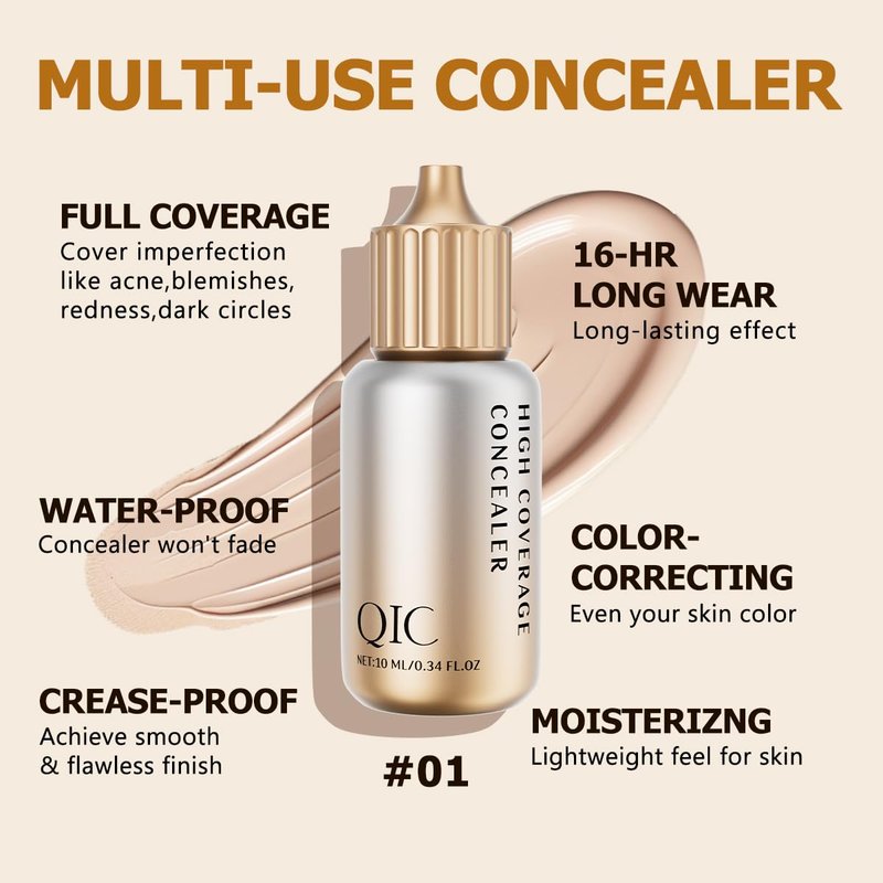 QIC Under Eye Concealer - Hydrating Full Coverage for Dark Circles & Blemishes | Vegan, Fair Rose, 0.34 FL.OZ