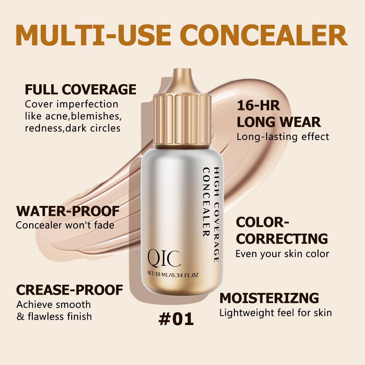 Under Eye Concealer - Hydrating Full Coverage for Dark Circles & Blemishes | Vegan, Porcelain, 0.34 FL.OZ