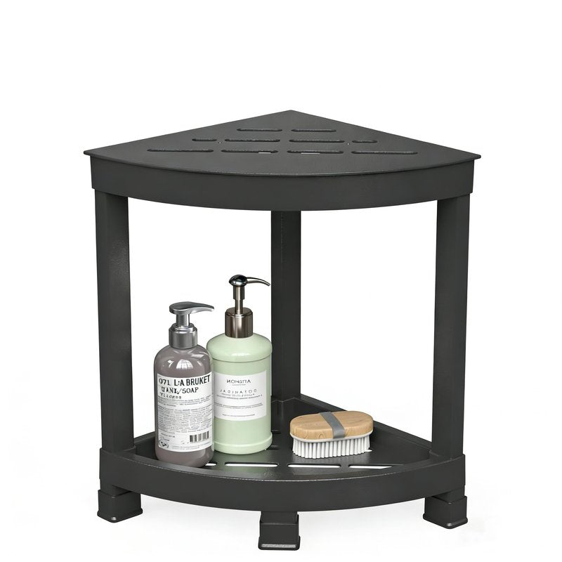 GallopFun Corner Shower Stool for Inside Shower, Waterproof Shower Bench for Shaving Legs, Plastic Anti-Fracture Shower Seat/Foot Rest with Baffle Storage Shelf, Rapid Assembly DIY Shelf (Black)