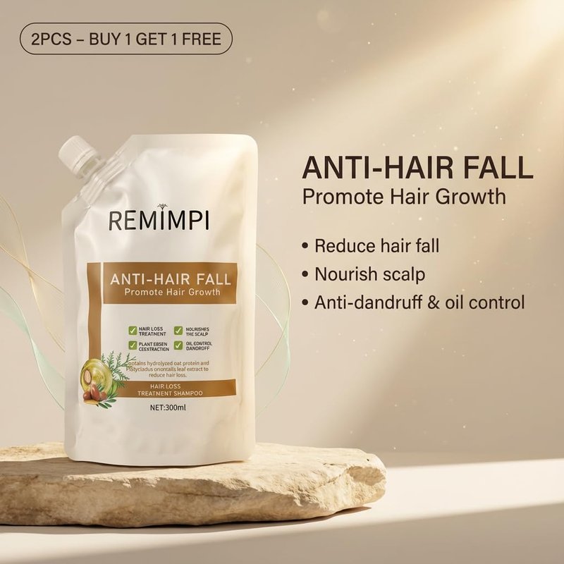 REMIMPI Herbal Anti-Fall Shampoo, Ginger & Ginseng Scalp Cleanser with Jojoba & Oat Extracts, Strengthening Formula for Thinning Hair, 300ml (2-Pack Duo Set)