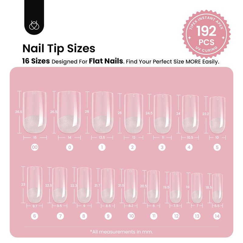 Beetles Tipex Instant Apex Nail Tips, Square Medium, 16 Sizes (00–14), 192pcs, Built-In Apex, No Builder Gel Required, Thicker Strong Acrylic Tips for DIY Nail Extensions