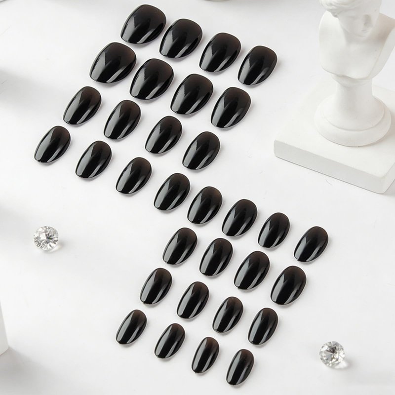 Black Solid Color Press On Nails Short Almond Fake Nails Glossy Full Cover Stick On Nail for Women Manicure 32Pcs
