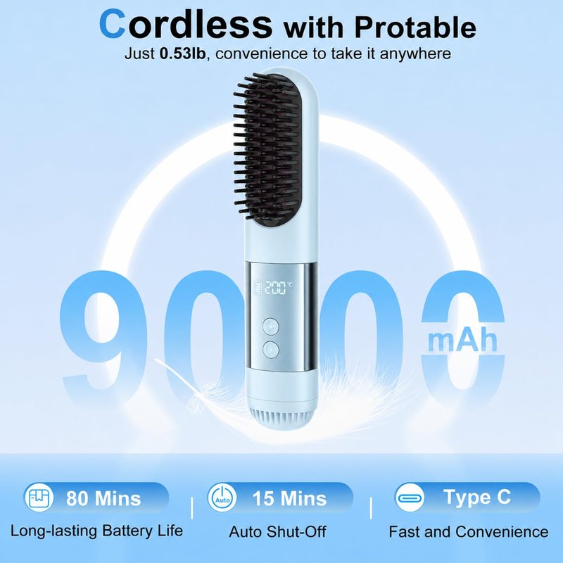 Cordless Hair Straightener Brush with Cool Air, 5-in-1 Portable Ionic Frizz-Free Straightening Brush, Rechargeable Touch Up On-the-Go Brush, MCH Fast Heating, LED Display, Anti-Scald for Women Travel