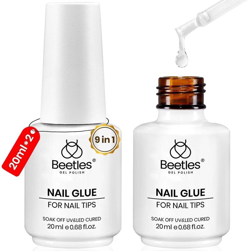 Beetles Nail Glue Gel - 9 In 1 Self-Leveling Extension Gel | 2Pcs 20ml for Tips & Press-On Nails