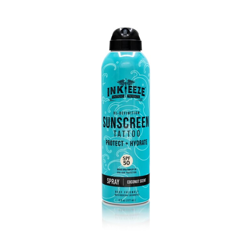 INK-EEZE Tattoo Sunscreen Spray SPF 50, UVA/UVB Blocking, Dries Clear, Ozone Reef Friendly, Vegan, Made in USA, Coconut, 6oz spray