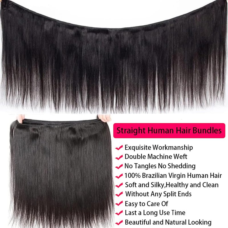 Oshiney Human Hair Bundles Straight 26-30 Inch 100% Unprocessed Brazilian Virgin Hair Weave 3 Bundles Silky Black Hair for Black Women