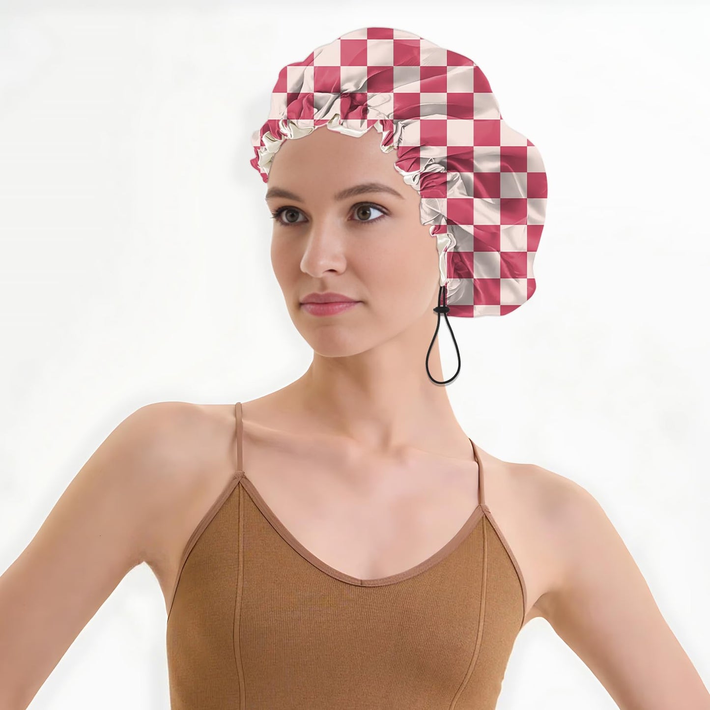 BHAHB Luxury Shower Cap Satin Lined Reusable Waterproof Double Layer Elastic Adjustable Hair Bath Cap Cute Aesthetic Women Girls-Pink Checkered