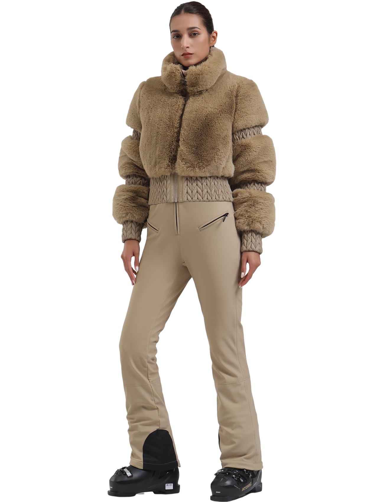 GSOU SNOW Women Ski Jacket Faux Fur Snowboard Coat Snow Cropped Jacket Winter Outdoor Warm