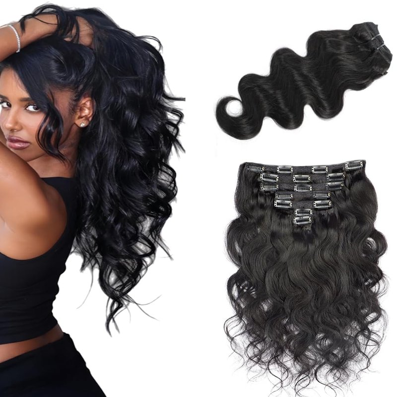 Body Wave Clip-In Hair Extensions - 12 Inch Soft Real Human Hair | Natural Black, 120g, 7 Pieces, Brazilian Remy