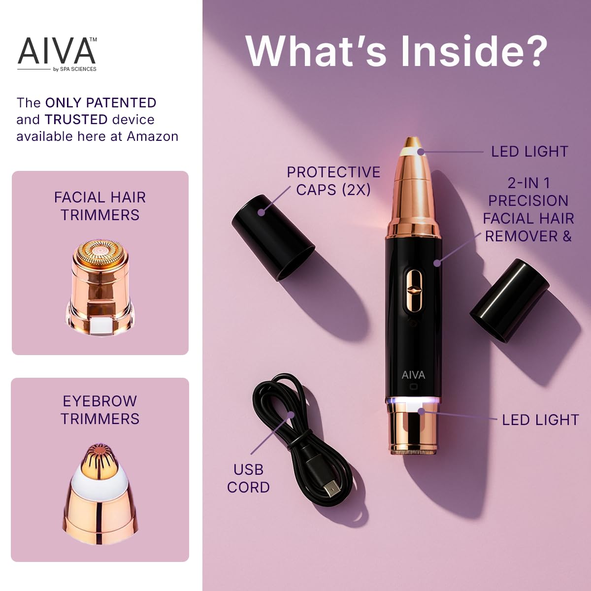 SPA SCIENCES AIVA: 2-in-1/Double Sided Facial Hair Remover & Eyebrow Trimmer USB Rechargeable with Built-in LED Lights