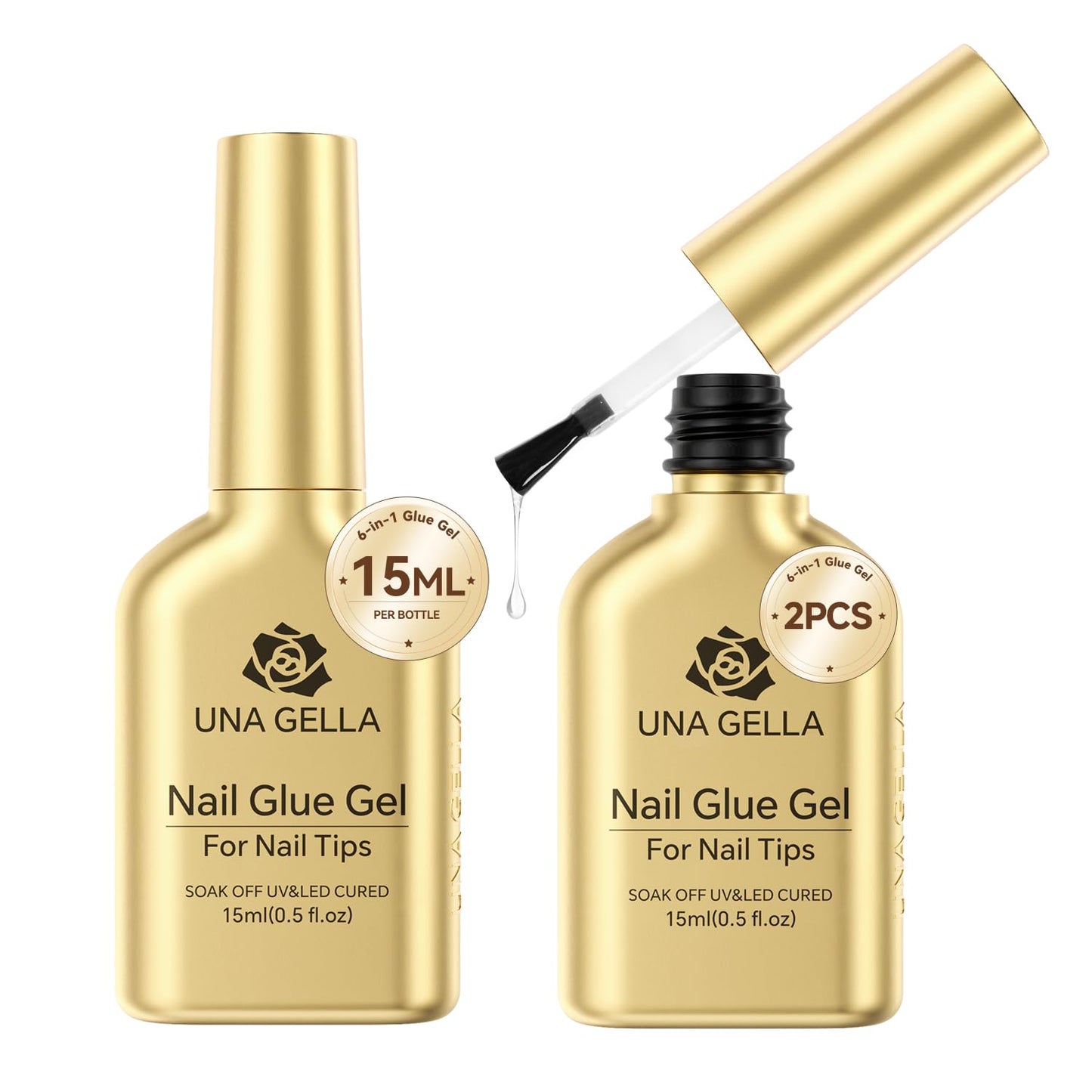 UNA GELLA 6 in 1 Gel Nail Glue for Clear Acrylic Nails Tips, 2Pcs 15ml Super Strong Brush U V Nail Glue Long Lasting Lamp Curing Required for Fake Nails Tips