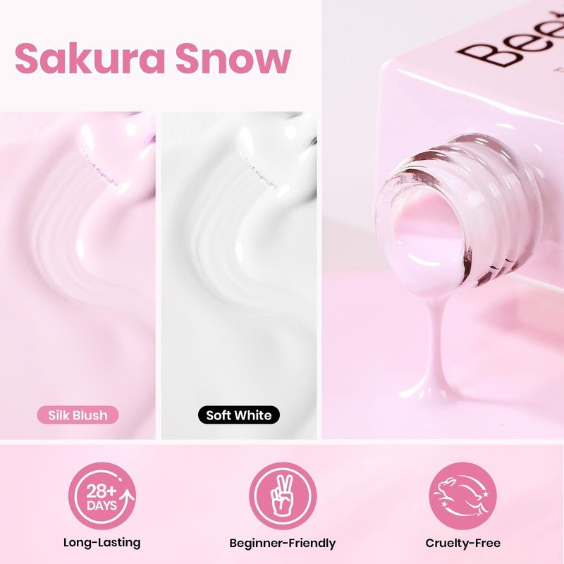 Beetles 2 Colors 10ML HEMA-Free White Pink Gel Nail Kit with U V Light, 6 Pcs Sakura Snow Gel Polish Set French Tips DIY Manicure Kit with Base & Top Coat Soak Off Home Salon Travel Gifts for Women
