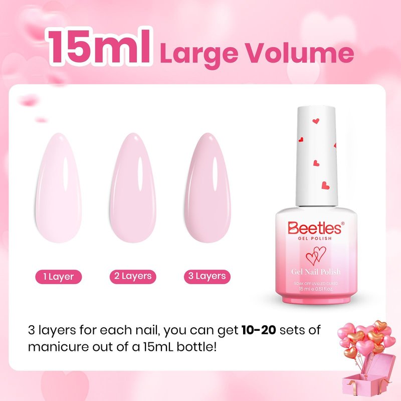 Beetles Barely Pink Gel Polish - 15ml/0.51 Fl Oz Large Capacity, Light Pink Gel Nail Polish for Summer Nails, Pastel Nail Art Salon Long Lasting Soak Off UV LED Nails Lamp