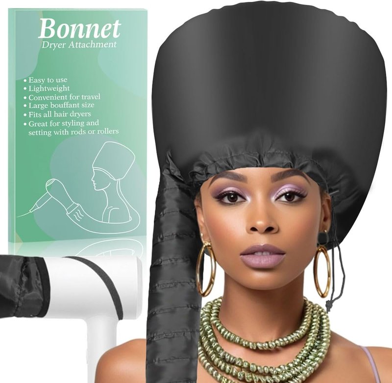 Hooded Hair Dryer Bonnet - Fast-Drying Bonnet for Natural Hair | Adjustable Fit, Portable & Lightweight (Black)