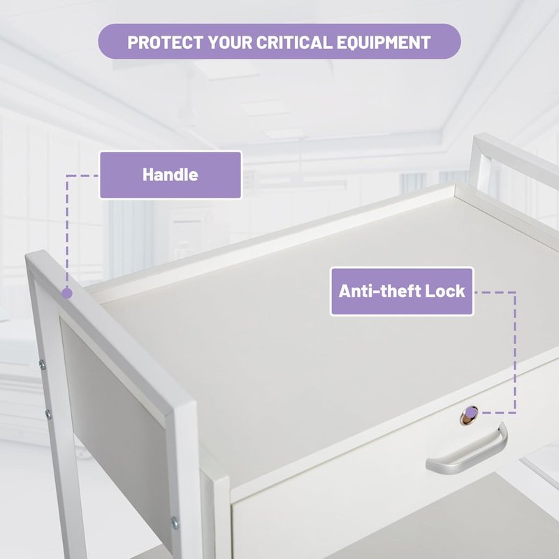 Biosp Salon Trolley Cart - 3 Tier Rolling Utility Cabinet with Lockable Drawer | White Wooden Design