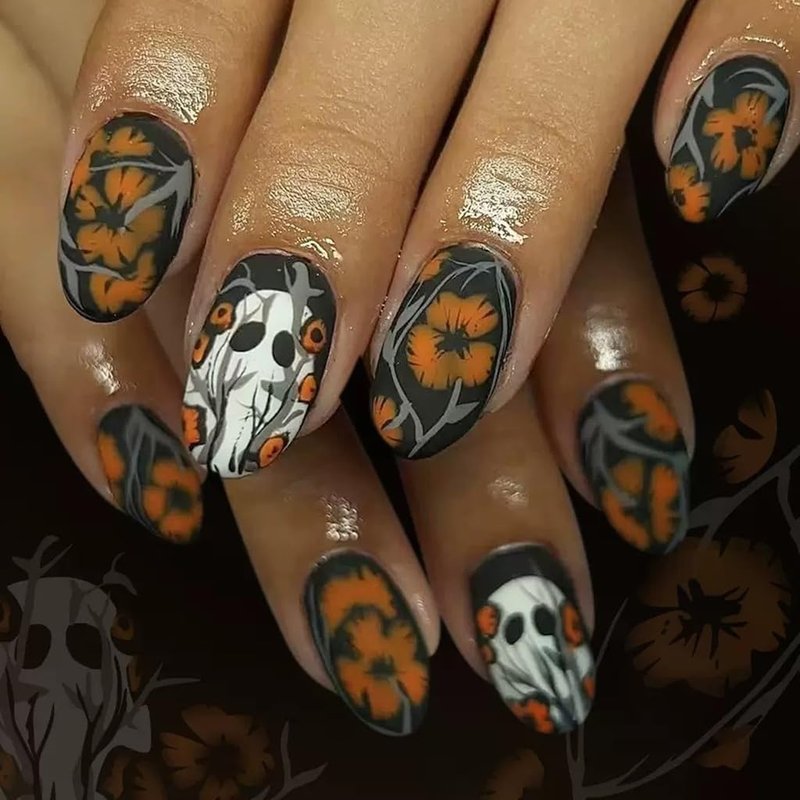 Skiennix Halloween Press-On Nails - Short Square & Almond Styles with Pumpkin, Ghost & Spider Web Designs | 144 Pcs in 12 Sizes