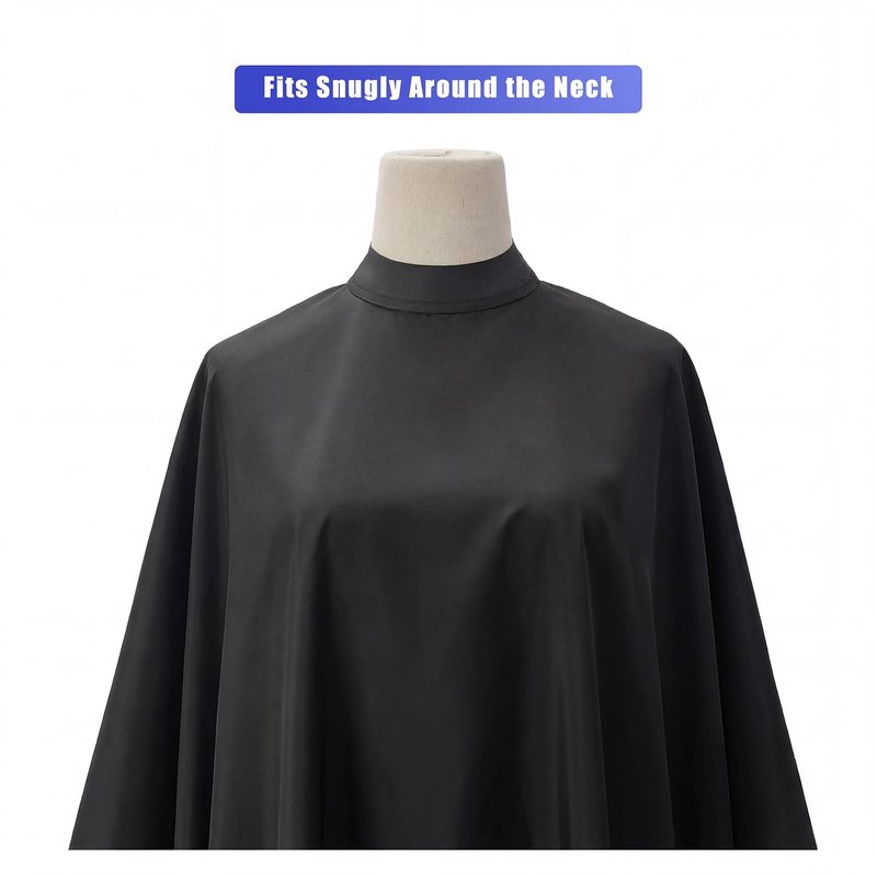 Silicone Neckline Salon Barber Cape, Black, Extra Large, Waterproof Polyester Hair Cutting Cape, Snap Button Collar (Black)