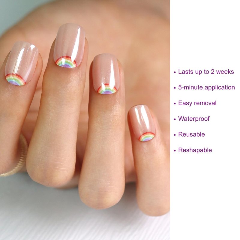 LAMIMOSA 32Pcs Chrome Press On Nails Short Square - Soft Gel Fake Nails in 16 Sizes, Reusable Glue on Nails kit, RAINBOW