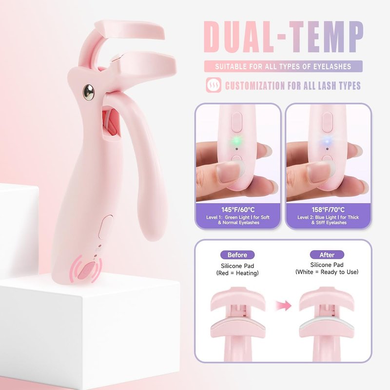 Pinkiou Heated Eyelash Curler - Fast Heating, USB-C Rechargeable, Color-Changing Silicone Pad | 2 Temperature Settings