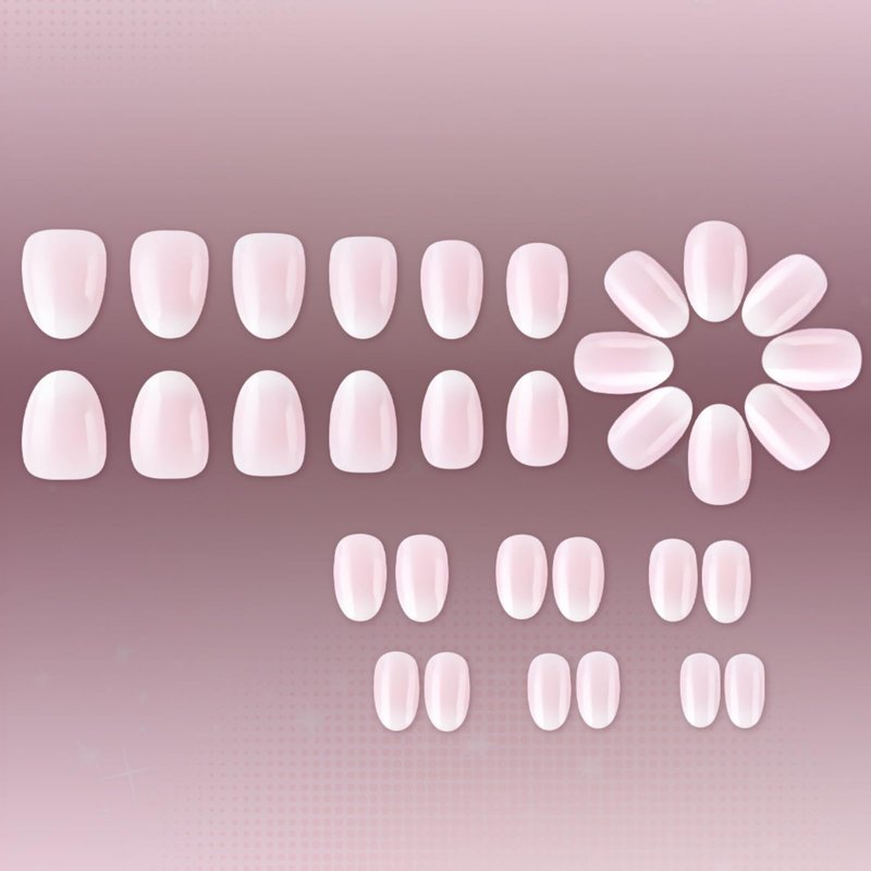 Pink Ombre Press On Nails Short Almond Fake Nails Glossy Full Cover White French Tip Stick On Nail for Women Manicure 32Pcs