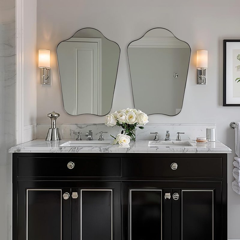 ANDY STAR Brushed Nickel Bathroom Mirror, 24x32 Scalloped Wall Mirror for Vanity, Curved Shaped Mirror for Entryway, Bedroom, Anti-Rust Stainless Steel Frame