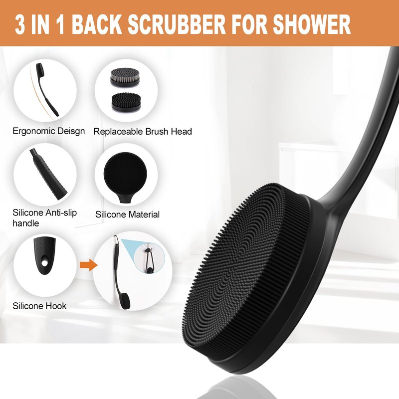 Long Handle Shower Back Scrubber,15.75 Inch Ergonomic Curved Brush with 3 Replaceable Heads with Soft and Firm Bristles,Silicone Handle for Easy Back Cleaning and Exfoliation,Bath Body Brush (Black)