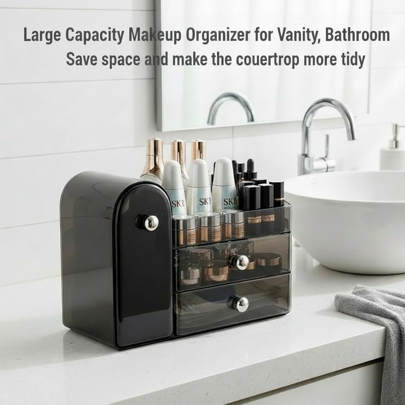 Bird&Fish Makeup Organizer with Sliding Brush Holder, Clear Skincare Organizer with Drawers, Bathroom Countertop Organizer, Sturdy Cosmetic Storage Case for Vanity, Dresser (Black)