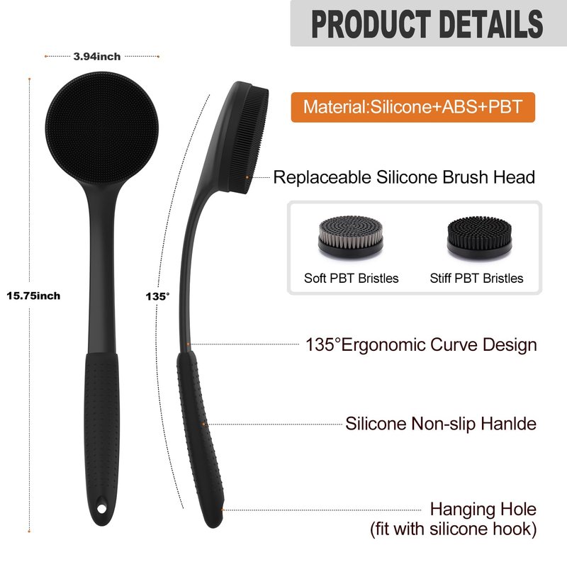 Long Handle Shower Back Scrubber,15.75 Inch Ergonomic Curved Brush with 3 Replaceable Heads with Soft and Firm Bristles,Silicone Handle for Easy Back Cleaning and Exfoliation,Bath Body Brush (Black)