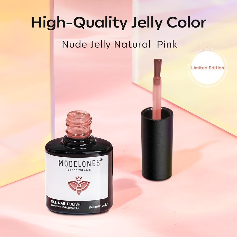 modelones Gel Nail Polish Jelly Nude Polish Sheer Natural Pink Translucent Soak Off LED Nail Lamp Nude Gel Nail Polish for Summer Nail Art DIY Manicure Gift for Women 15 ML
